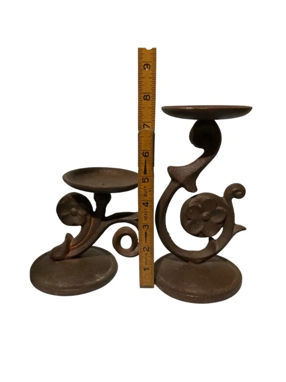 Old Rusty Cast Iron Floral Scroll Candle Holders Set Of 2